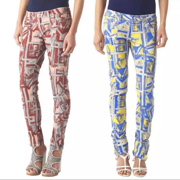 * NWOT Monika Chiang Skinny jeans blue yellow geometric $245 - Picture 2 of 9
